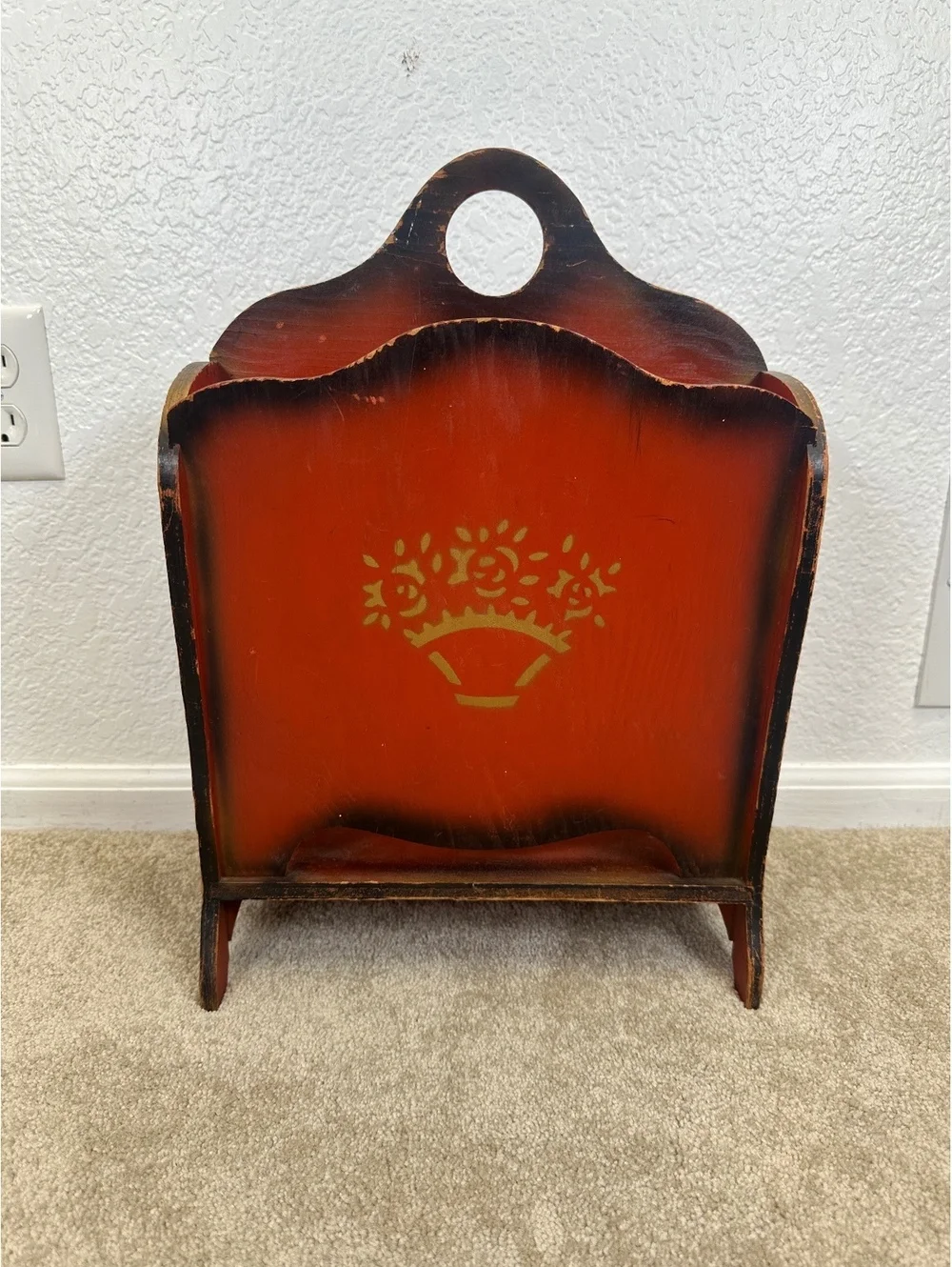 VTG Rustic Wooden Hand-Painted Magazine Rack Red & Black Cottagecore Farmhouse